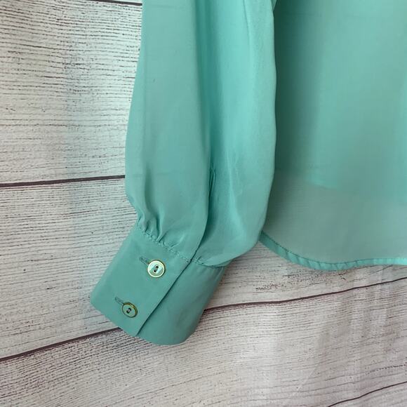 Pearl Teal Button Up Blouse Sheer with Long Sleeves Scoop Neckline Size M - Picture 11 of 15